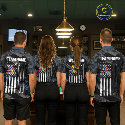 Blue Camo US Flag 8 Ball Billiard Pool Shirts for Men Custom Patriotic Billiard Team Jersey TDM7468