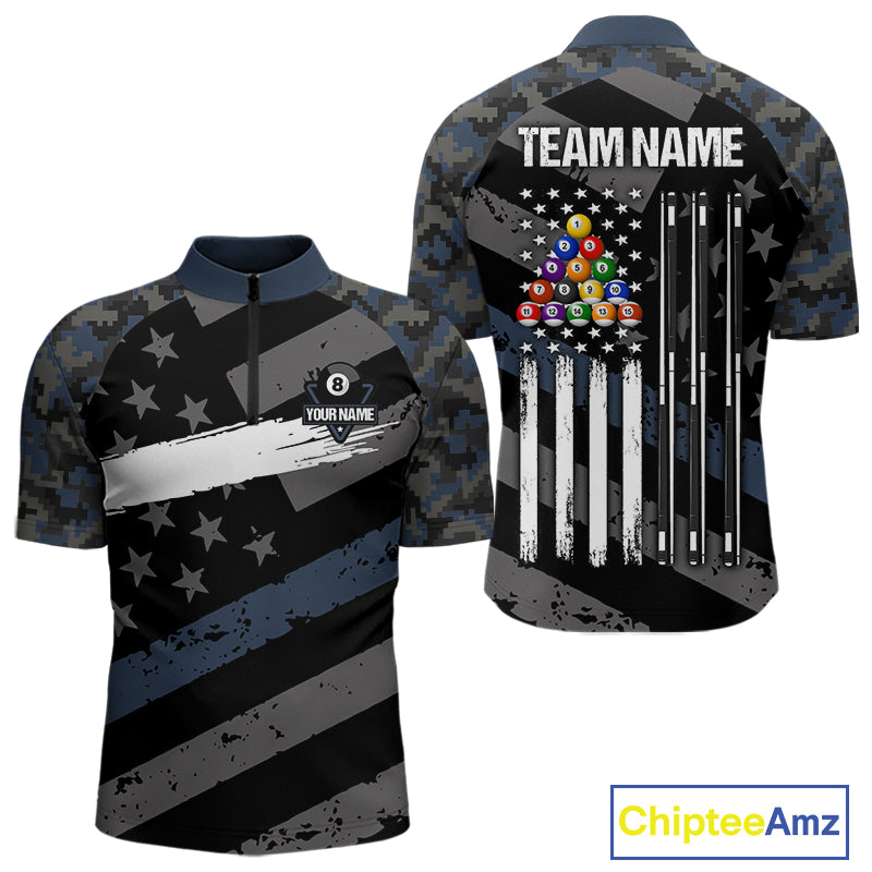 Blue Camo US Flag 8 Ball Billiard Pool Shirts for Men Custom Patriotic Billiard Team Jersey TDM7468