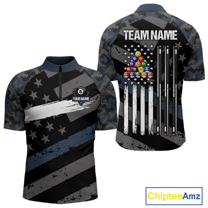 Blue Camo US Flag 8 Ball Billiard Pool Shirts for Men Custom Patriotic Billiard Team Jersey TDM7468