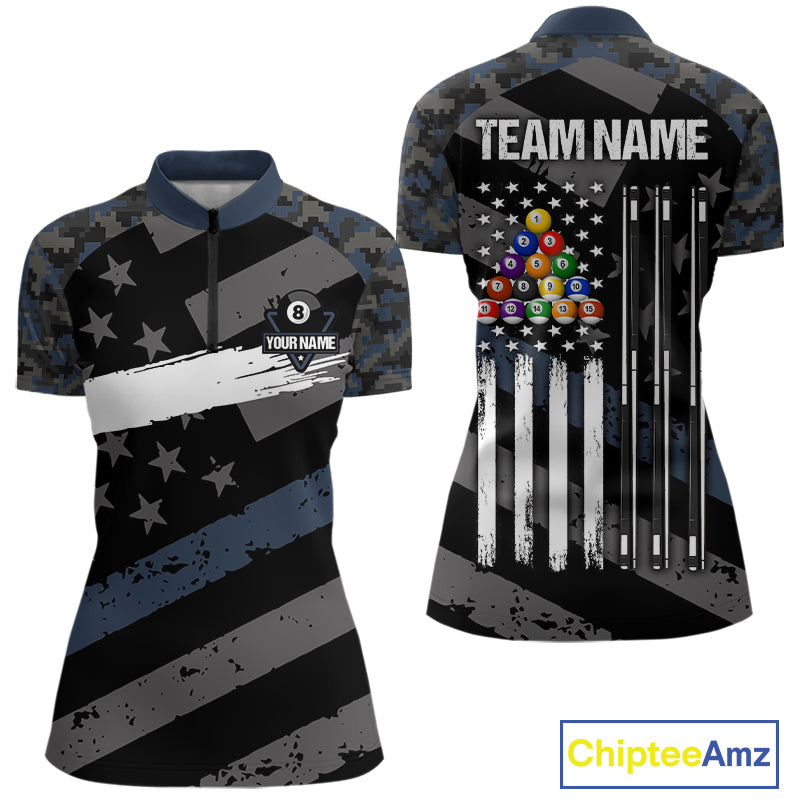 Blue Camo US Flag 8 Ball Billiard Pool Shirts for Women Custom Patriotic Billiard Team Jersey TDM7468