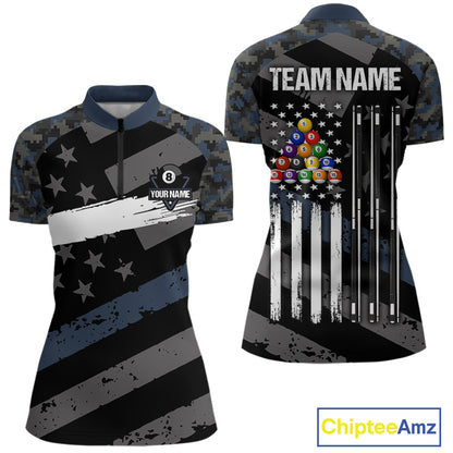 Blue Camo US Flag 8 Ball Billiard Pool Shirts for Women Custom Patriotic Billiard Team Jersey TDM7468