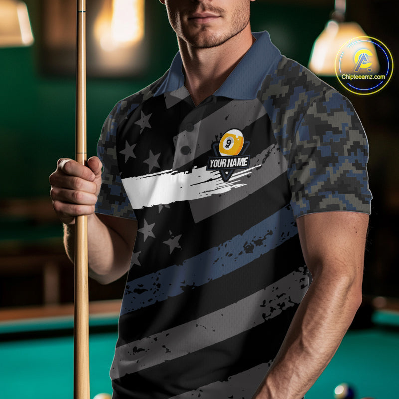 Blue Camo US Flag 9 Ball Billiard Pool Shirts for Men Custom Patriotic Billiard Team Jersey TDM7469