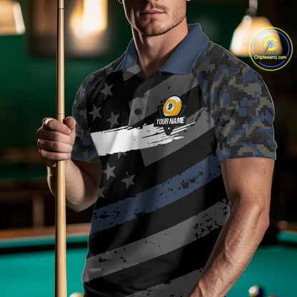 Blue Camo US Flag 9 Ball Billiard Pool Shirts for Men Custom Patriotic Billiard Team Jersey TDM7469