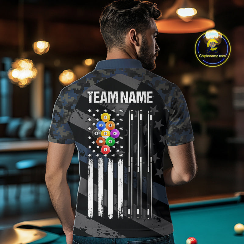 Blue Camo US Flag 9 Ball Billiard Pool Shirts for Men Custom Patriotic Billiard Team Jersey TDM7469