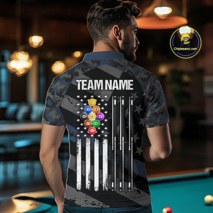 Blue Camo US Flag 9 Ball Billiard Pool Shirts for Men Custom Patriotic Billiard Team Jersey TDM7469