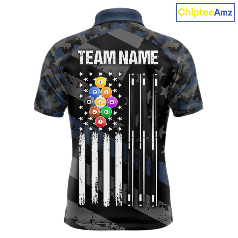 Blue Camo US Flag 9 Ball Billiard Pool Shirts for Men Custom Patriotic Billiard Team Jersey TDM7469