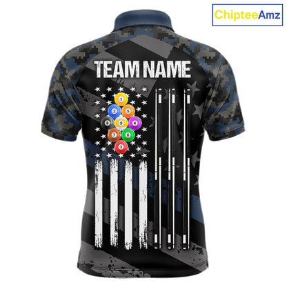 Blue Camo US Flag 9 Ball Billiard Pool Shirts for Men Custom Patriotic Billiard Team Jersey TDM7469