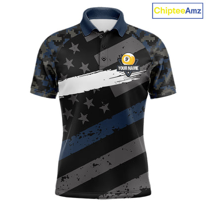 Blue Camo US Flag 9 Ball Billiard Pool Shirts for Men Custom Patriotic Billiard Team Jersey TDM7469