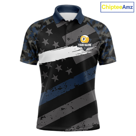 Blue Camo US Flag 9 Ball Billiard Pool Shirts for Men Custom Patriotic Billiard Team Jersey TDM7469
