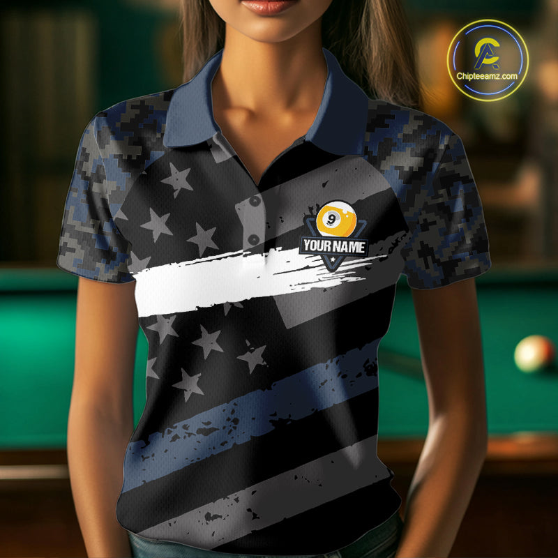 Blue Camo US Flag 9 Ball Billiard Pool Shirts for Women Custom Patriotic Billiard Team Jersey TDM7469