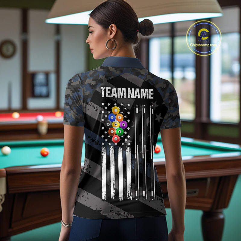 Blue Camo US Flag 9 Ball Billiard Pool Shirts for Women Custom Patriotic Billiard Team Jersey TDM7469