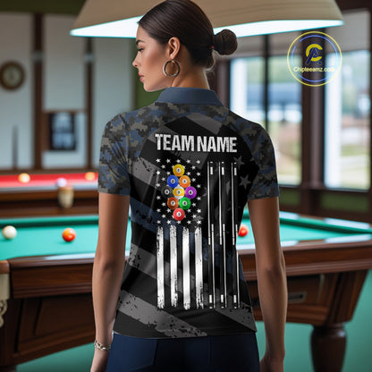 Blue Camo US Flag 9 Ball Billiard Pool Shirts for Women Custom Patriotic Billiard Team Jersey TDM7469