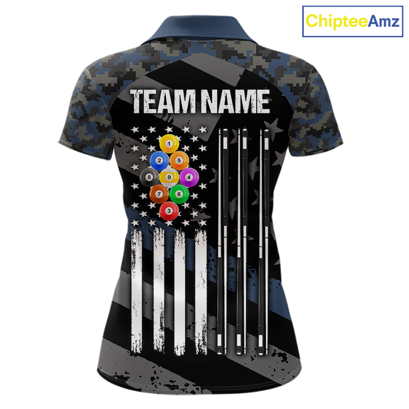 Blue Camo US Flag 9 Ball Billiard Pool Shirts for Women Custom Patriotic Billiard Team Jersey TDM7469
