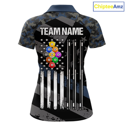 Blue Camo US Flag 9 Ball Billiard Pool Shirts for Women Custom Patriotic Billiard Team Jersey TDM7469