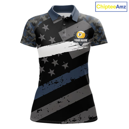 Blue Camo US Flag 9 Ball Billiard Pool Shirts for Women Custom Patriotic Billiard Team Jersey TDM7469
