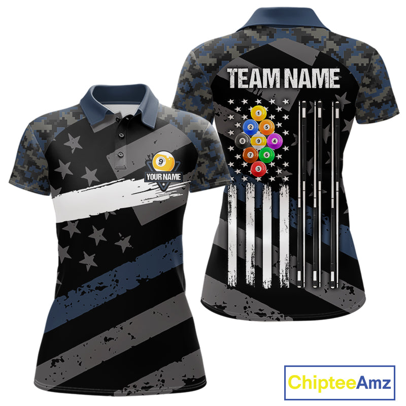 Blue Camo US Flag 9 Ball Billiard Pool Shirts for Women Custom Patriotic Billiard Team Jersey TDM7469