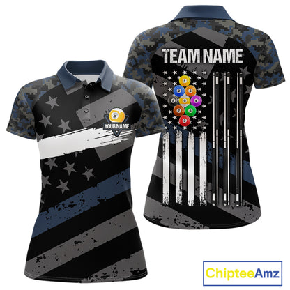 Blue Camo US Flag 9 Ball Billiard Pool Shirts for Women Custom Patriotic Billiard Team Jersey TDM7469