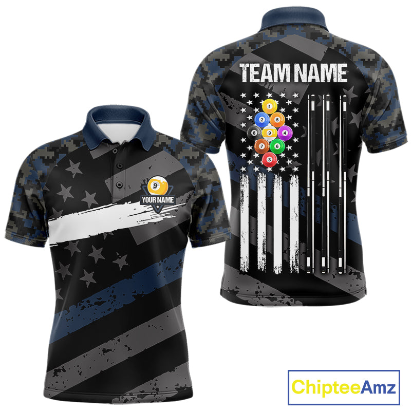 Blue Camo US Flag 9 Ball Billiard Pool Shirts for Men Custom Patriotic Billiard Team Jersey TDM7469