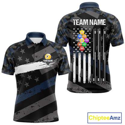 Blue Camo US Flag 9 Ball Billiard Pool Shirts for Men Custom Patriotic Billiard Team Jersey TDM7469