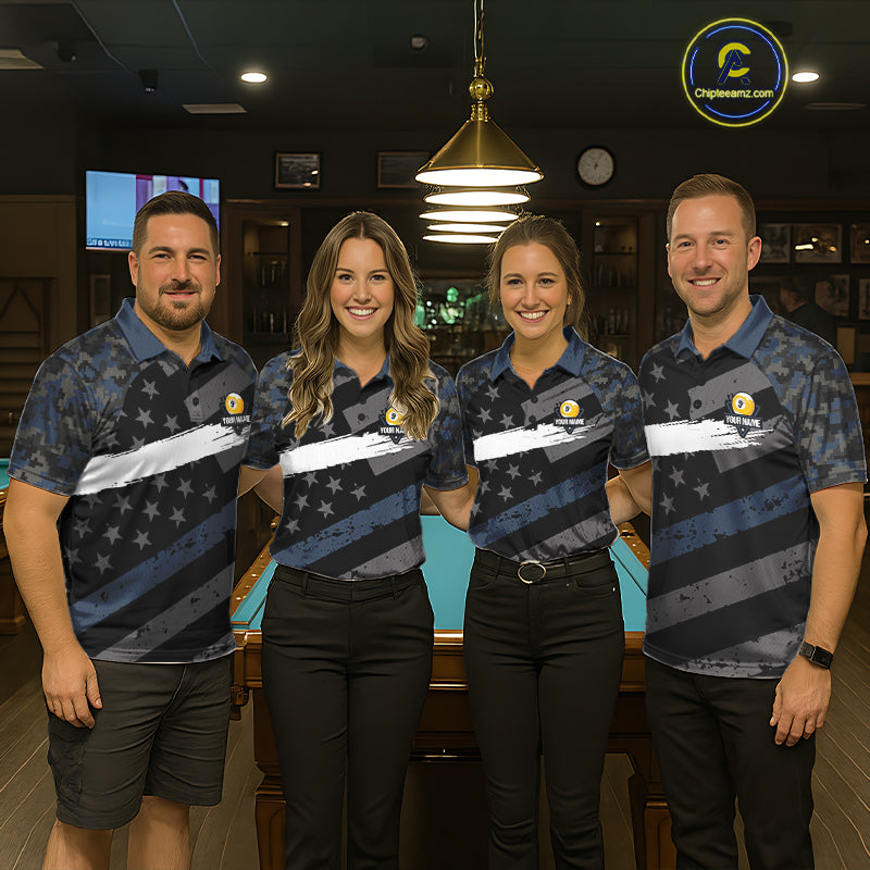 Blue Camo US Flag 9 Ball Billiard Pool Shirts for Men Custom Patriotic Billiard Team Jersey TDM7469