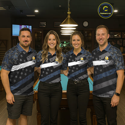 Blue Camo US Flag 9 Ball Billiard Pool Shirts for Men Custom Patriotic Billiard Team Jersey TDM7469