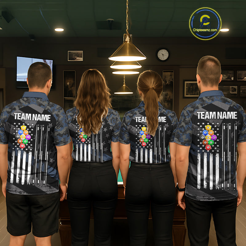 Blue Camo US Flag 9 Ball Billiard Pool Shirts for Men Custom Patriotic Billiard Team Jersey TDM7469