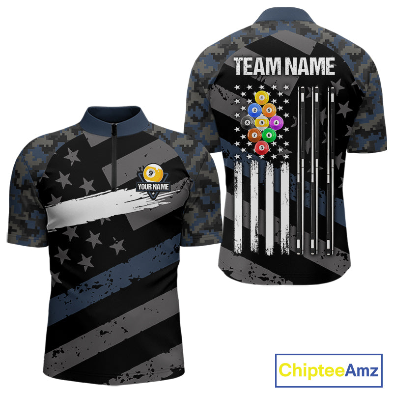 Blue Camo US Flag 9 Ball Billiard Pool Shirts for Men Custom Patriotic Billiard Team Jersey TDM7469