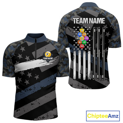 Blue Camo US Flag 9 Ball Billiard Pool Shirts for Men Custom Patriotic Billiard Team Jersey TDM7469