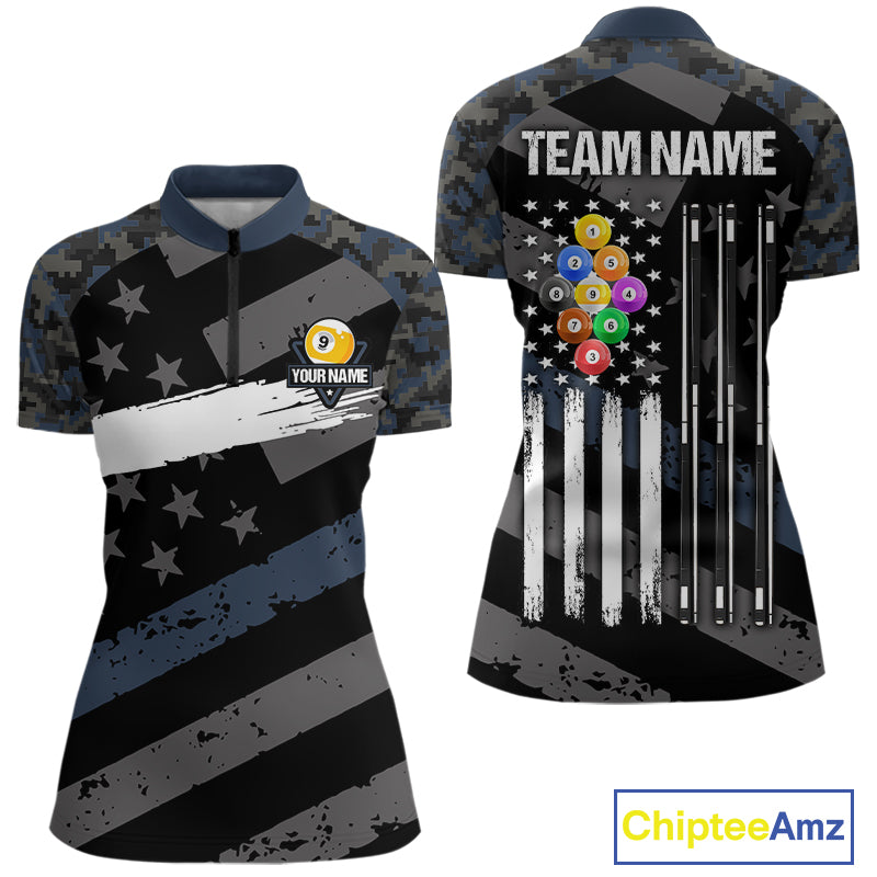 Blue Camo US Flag 9 Ball Billiard Pool Shirts for Women Custom Patriotic Billiard Team Jersey TDM7469