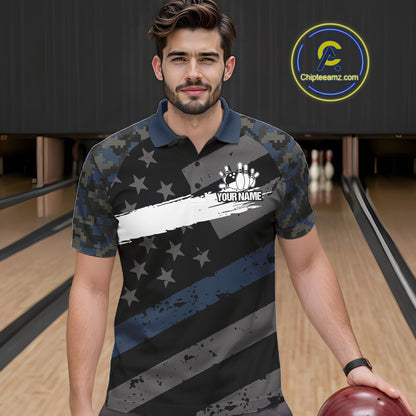 Blue Camo American Flag Bowling Jerseys for Men Custom Patriotic Bowling League Team Shirts TDM7470