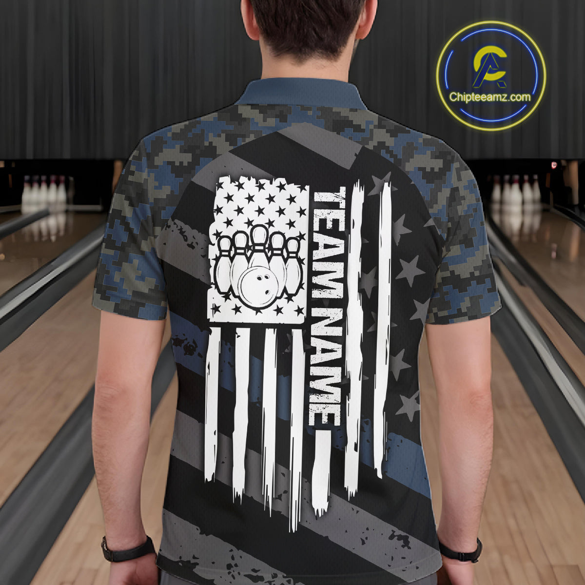 Blue Camo American Flag Bowling Jerseys for Men Custom Patriotic Bowling League Team Shirts TDM7470