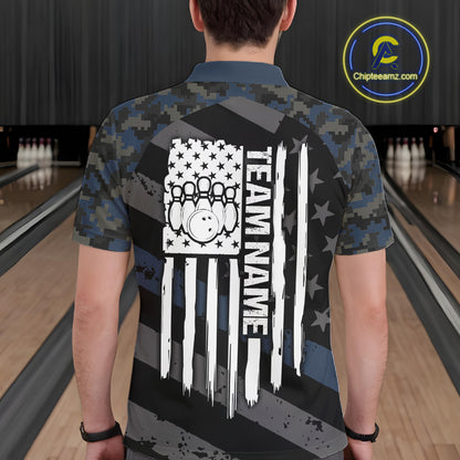 Blue Camo American Flag Bowling Jerseys for Men Custom Patriotic Bowling League Team Shirts TDM7470
