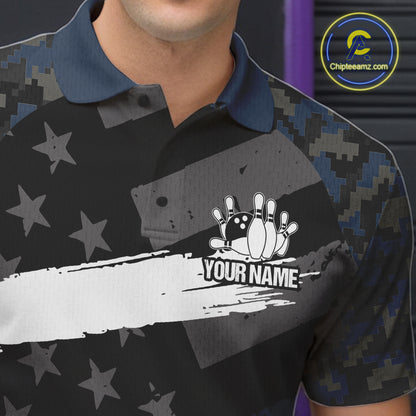Blue Camo American Flag Bowling Jerseys for Men Custom Patriotic Bowling League Team Shirts TDM7470