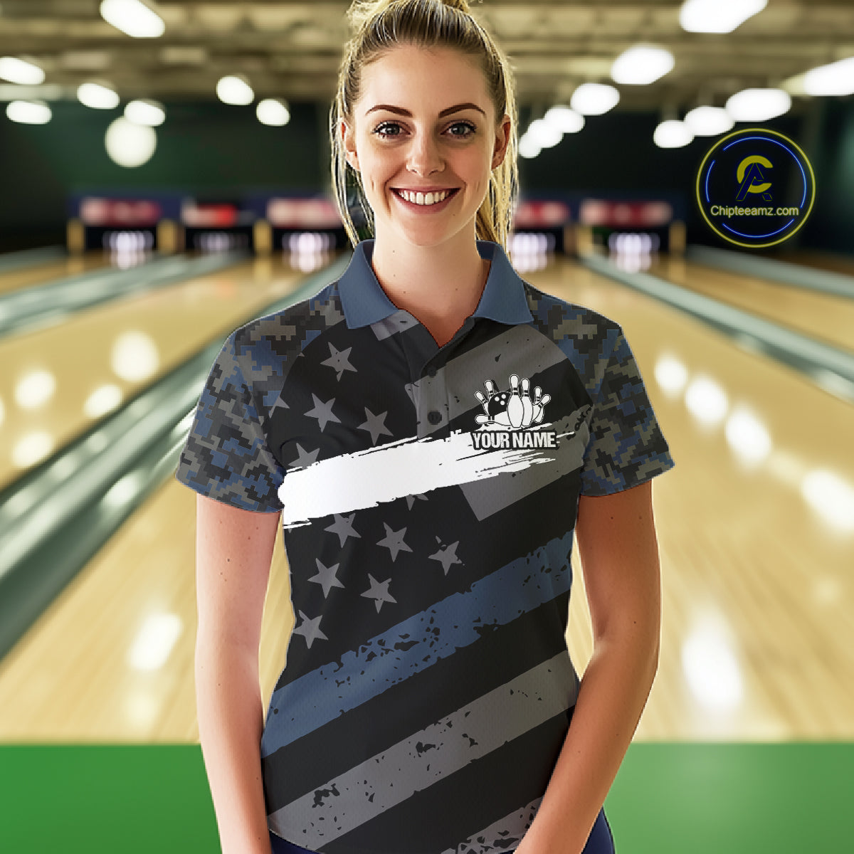 Blue Camo American Flag Bowling Jerseys for Women Custom Patriotic Bowling League Team Shirts TDM7470