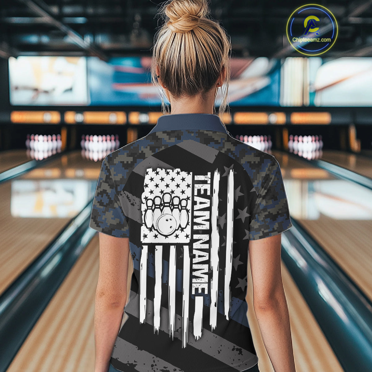 Blue Camo American Flag Bowling Jerseys for Women Custom Patriotic Bowling League Team Shirts TDM7470