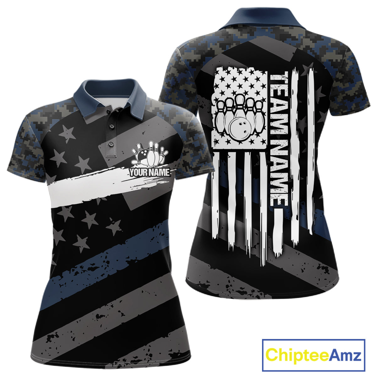 Blue Camo American Flag Bowling Jerseys for Women Custom Patriotic Bowling League Team Shirts TDM7470