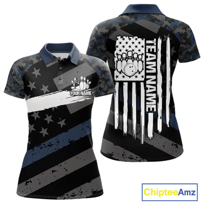Blue Camo American Flag Bowling Jerseys for Women Custom Patriotic Bowling League Team Shirts TDM7470