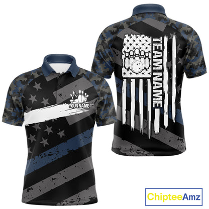 Blue Camo American Flag Bowling Jerseys for Men Custom Patriotic Bowling League Team Shirts TDM7470