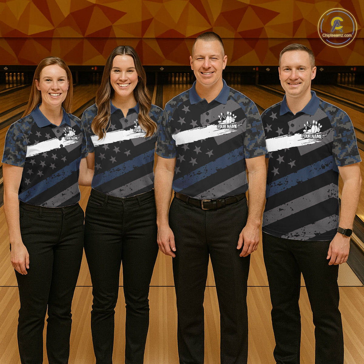 Blue Camo American Flag Bowling Jerseys for Men Custom Patriotic Bowling League Team Shirts TDM7470