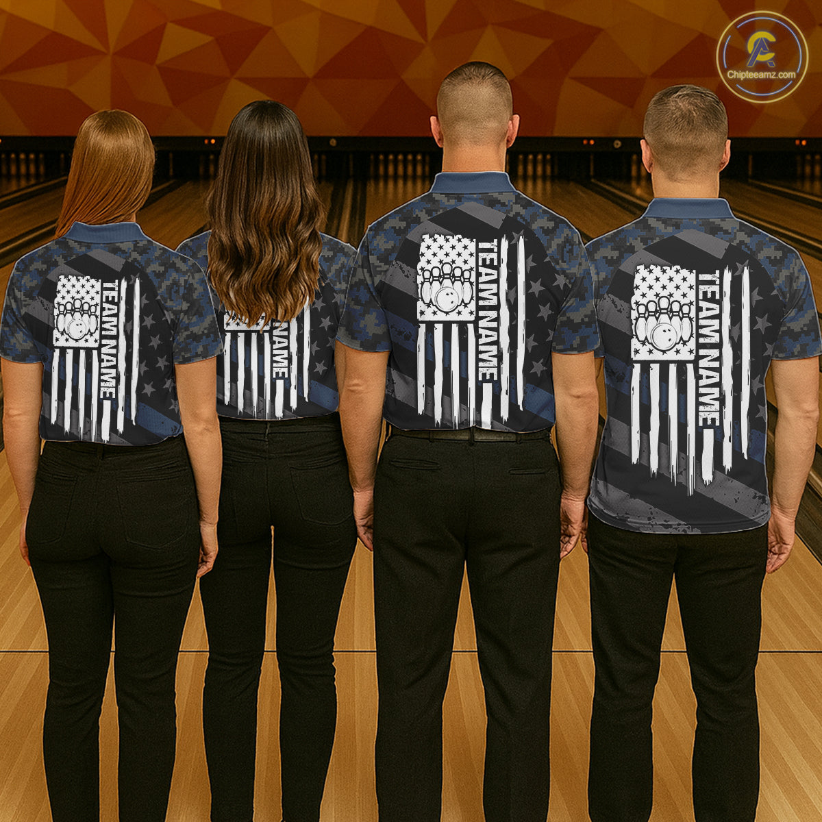 Blue Camo American Flag Bowling Jerseys for Men Custom Patriotic Bowling League Team Shirts TDM7470