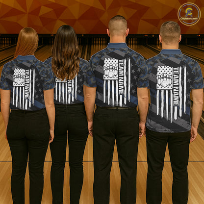 Blue Camo American Flag Bowling Jerseys for Men Custom Patriotic Bowling League Team Shirts TDM7470