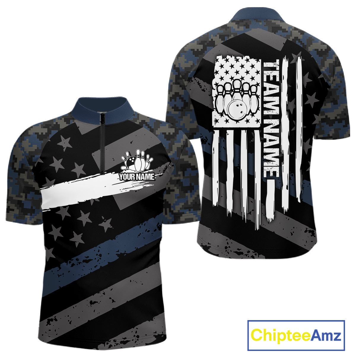 Blue Camo American Flag Bowling Jerseys for Men Custom Patriotic Bowling League Team Shirts TDM7470