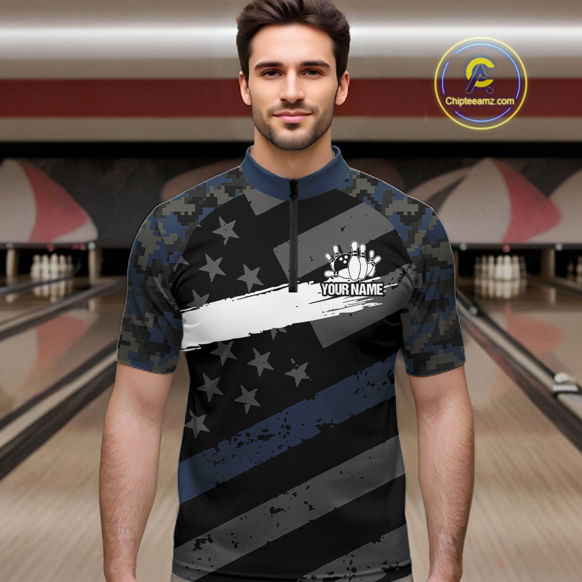 Blue Camo American Flag Bowling Jerseys for Men Custom Patriotic Bowling League Team Shirts TDM7470