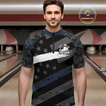 Blue Camo American Flag Bowling Jerseys for Men Custom Patriotic Bowling League Team Shirts TDM7470
