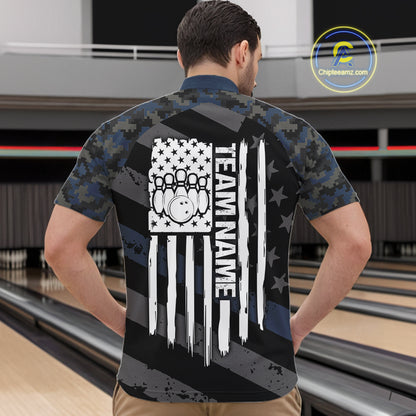 Blue Camo American Flag Bowling Jerseys for Men Custom Patriotic Bowling League Team Shirts TDM7470