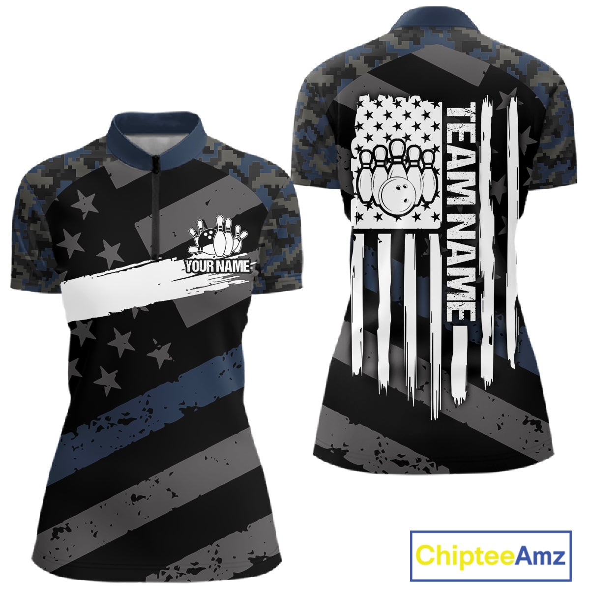 Blue Camo American Flag Bowling Jerseys for Women Custom Patriotic Bowling League Team Shirts TDM7470