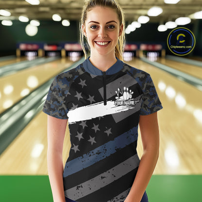 Blue Camo American Flag Bowling Jerseys for Women Custom Patriotic Bowling League Team Shirts TDM7470
