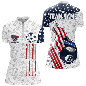 Personalized American Flag Ball 8 Pattern Women Billiard Shirts, Patriotic Billiard Jerseys | White TDM2716