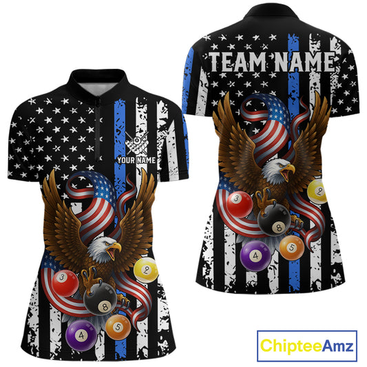 Billiard Eagle American Flag Stripes Pool Jersey For Women Custom Patriotic Billiard Team Shirt|Blue TDM4982
