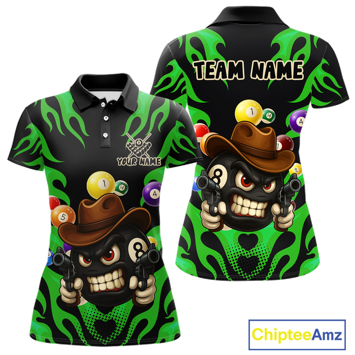 Personalized Green Funny Flame 8 Ball Billiard Shirt For Women Custom Pool Team Jersey Polo, 1/4 Zip TDM4985